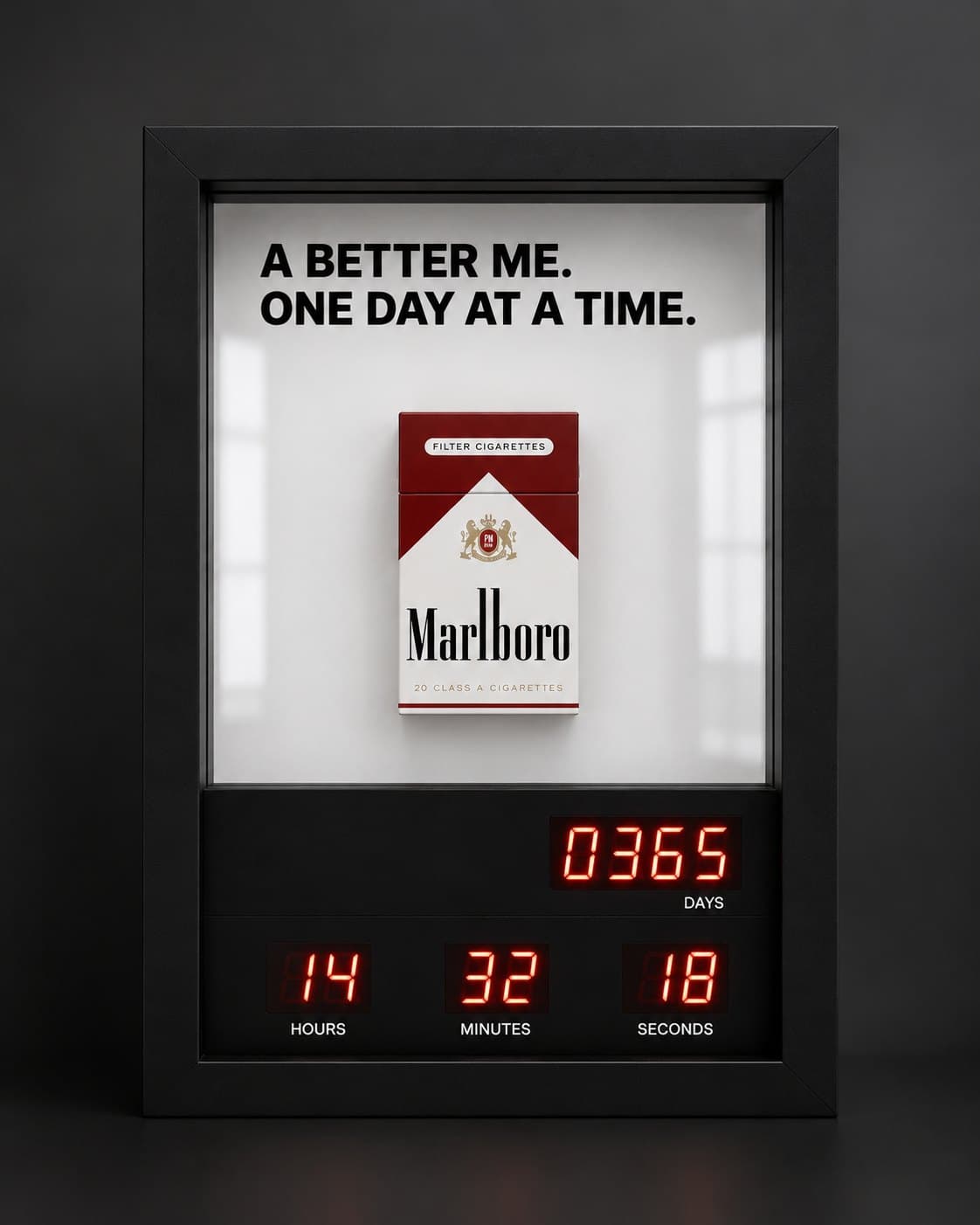 Proud to Stop frame holding a cigarette pack, counting up